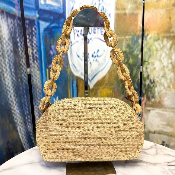 Sézane Isabelle Raffia Embroidered Daisy Bag Chain Flowers Cream White EUC - Picture 9 of 12